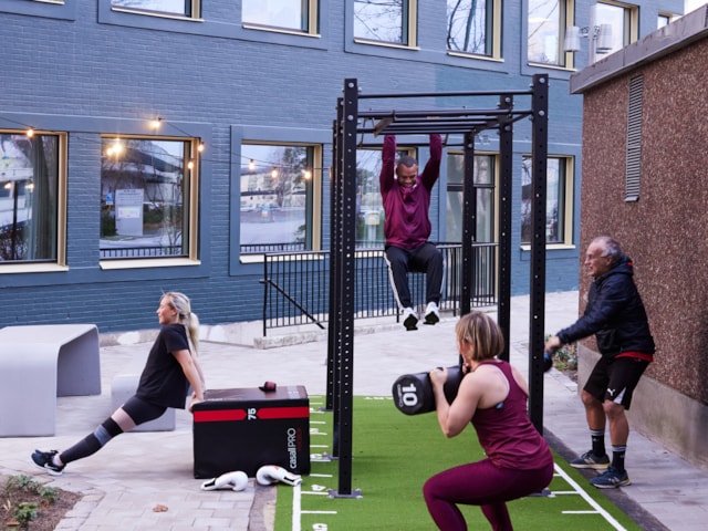 People exercising in an outdoor gym.