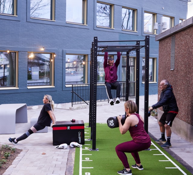 People exercising in an outdoor gym.