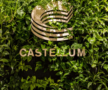 A Castellum sign against a green wall.
