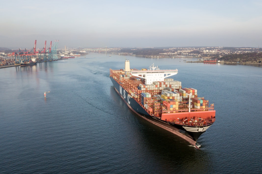 A container ship in the harbour.