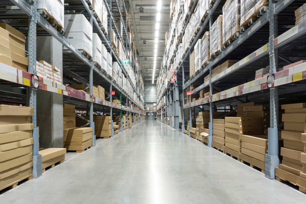 Shelves in a warehouse.