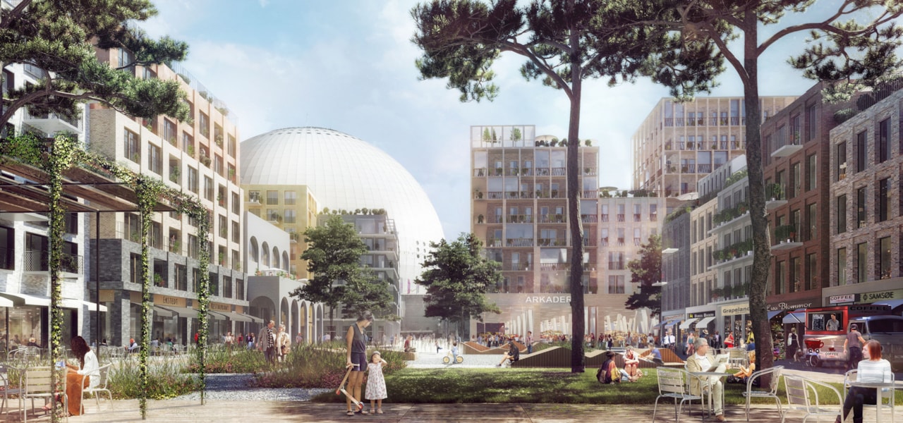 Vision image of Söderhov in Stockholm with Globen in the background.